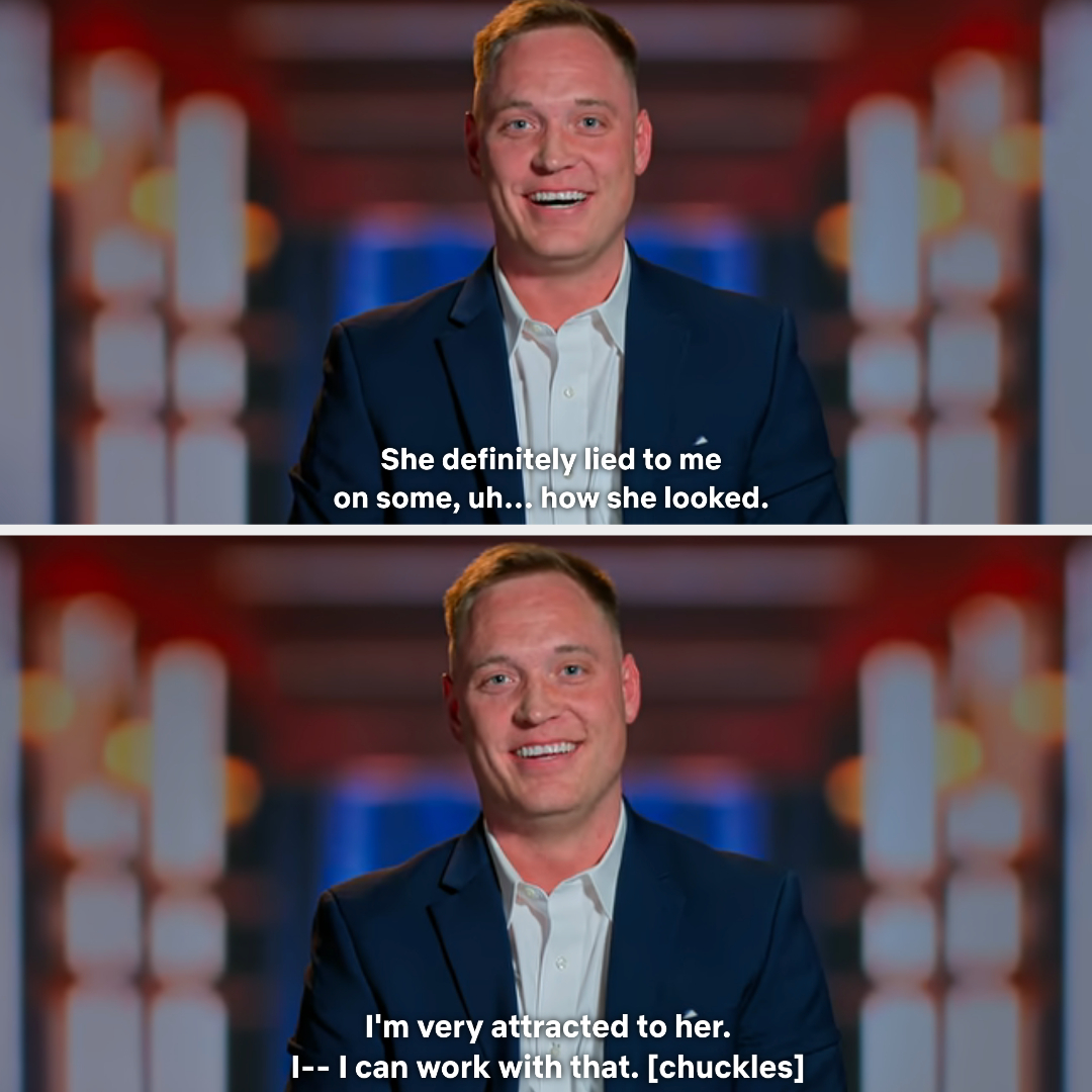 Man in a suit on a reality show smiling, with captions about attraction and appearance