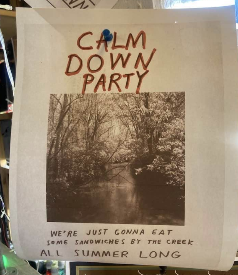 Flyer for &#x27;Calm Down Party&#x27; with image of creek, text inviting to eat sandwiches by the creek all summer long