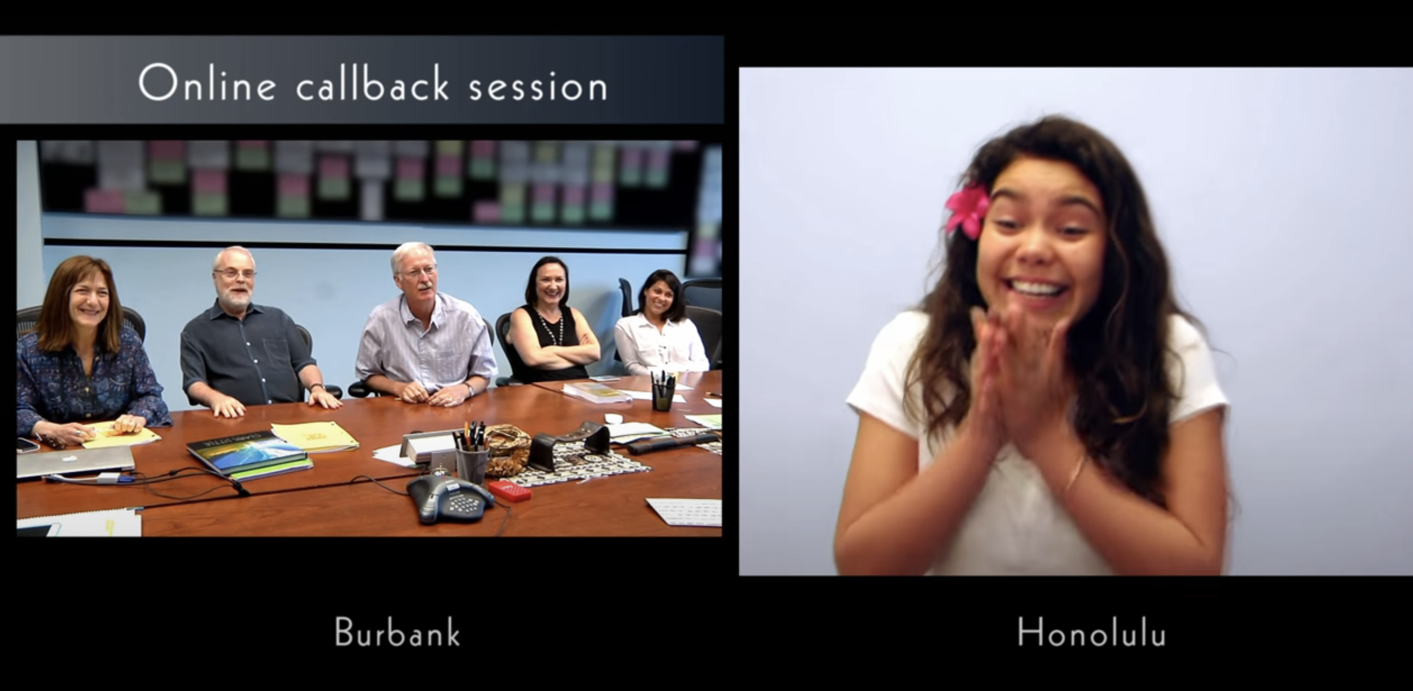Split-screen video call with smiling people in a conference room on the left and an excited woman on the right