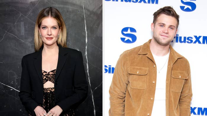 Meghann Fahy in black blazer and lace top on left; Leo Woodall in tan jacket and white shirt on right, both posing for camera