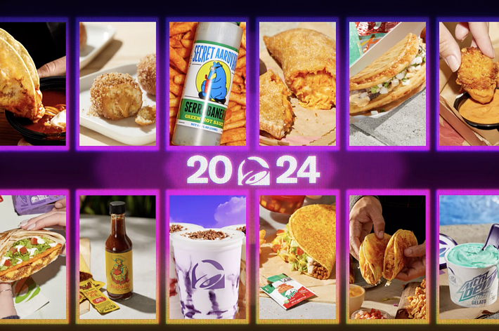 Collage of various Taco Bell food items and sauces, including tacos and burritos