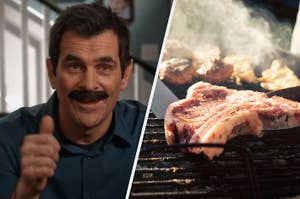 Phil Dunphy with a mustache and a steak on a grill.
