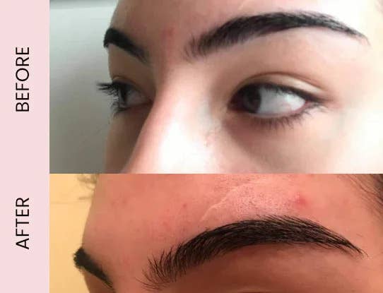 Close-up before and after comparison of eyebrow styling