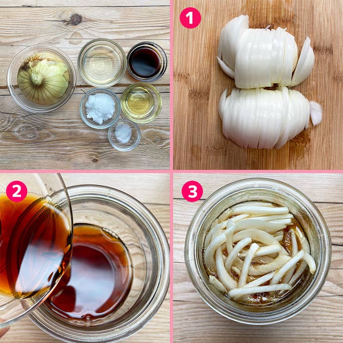 玉ねぎのマリネのレシピ手順を写した4枚組の画像。上段左は材料、右はスライスされた玉ねぎ。下段左は液体を混ぜる様子、右は玉ねぎを漬けている。