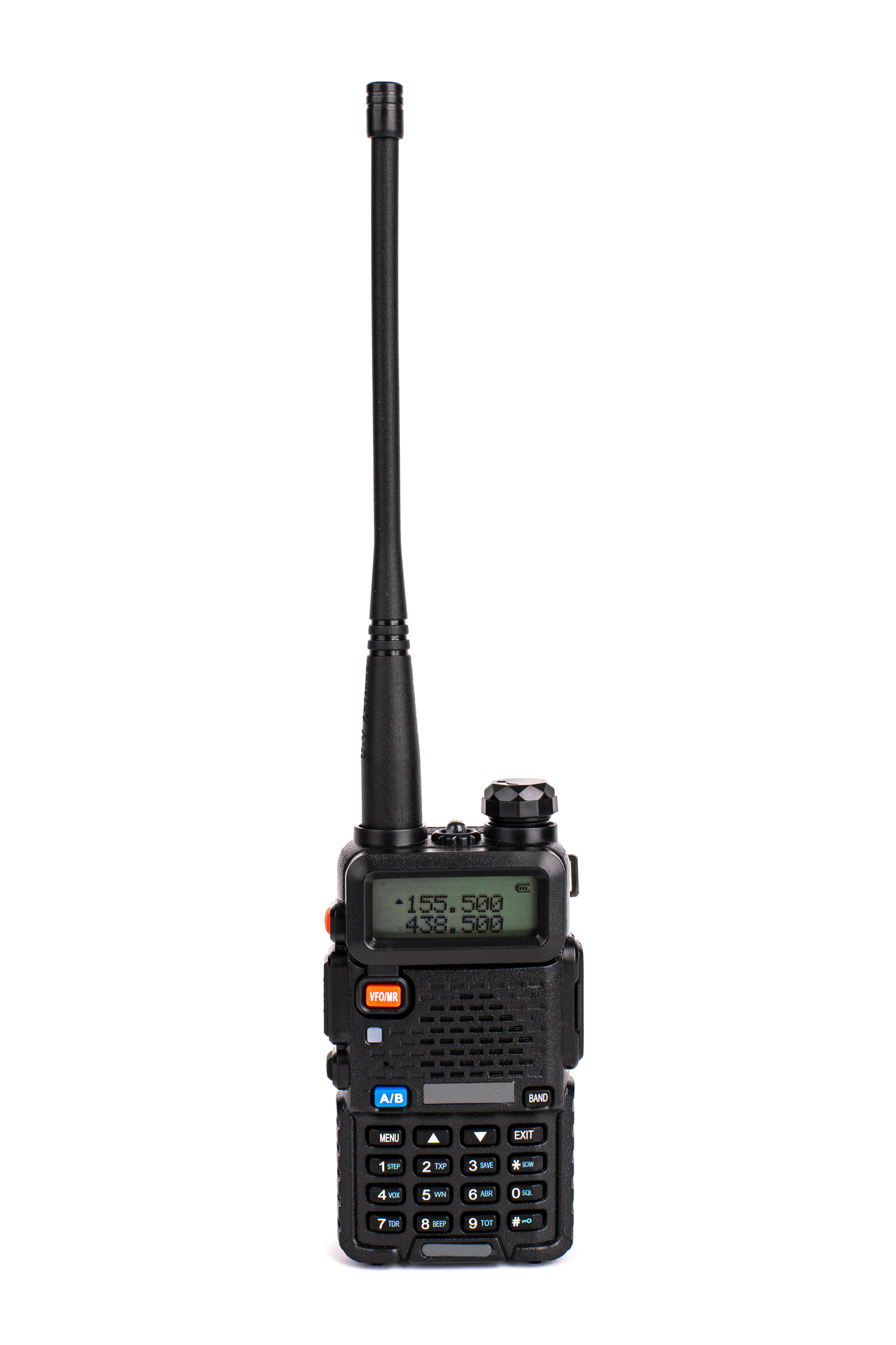 Handheld two-way radio with antenna and digital display on a plain background