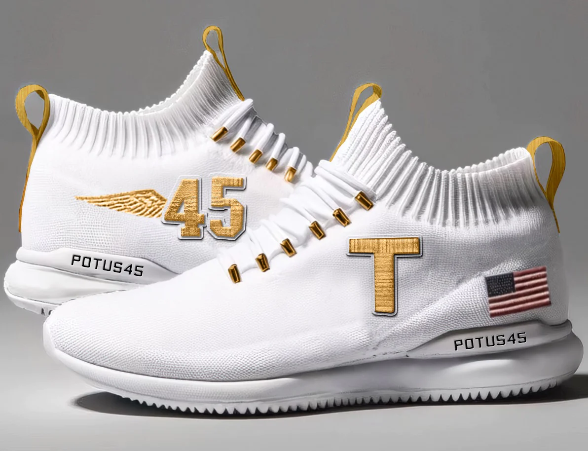 A pair of white commemorative sneakers with &quot;45&quot;, a golden eagle, &quot;T&quot;, and American flag motifs, plus &quot;POTUS45&quot; text