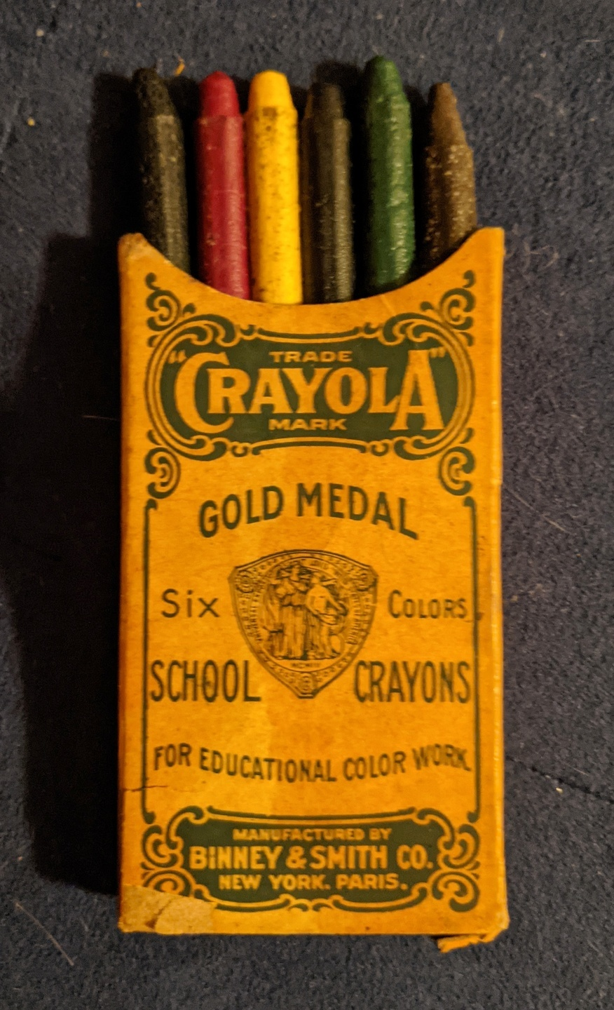 Vintage Crayola crayons box with six crayons, labeled for educational use