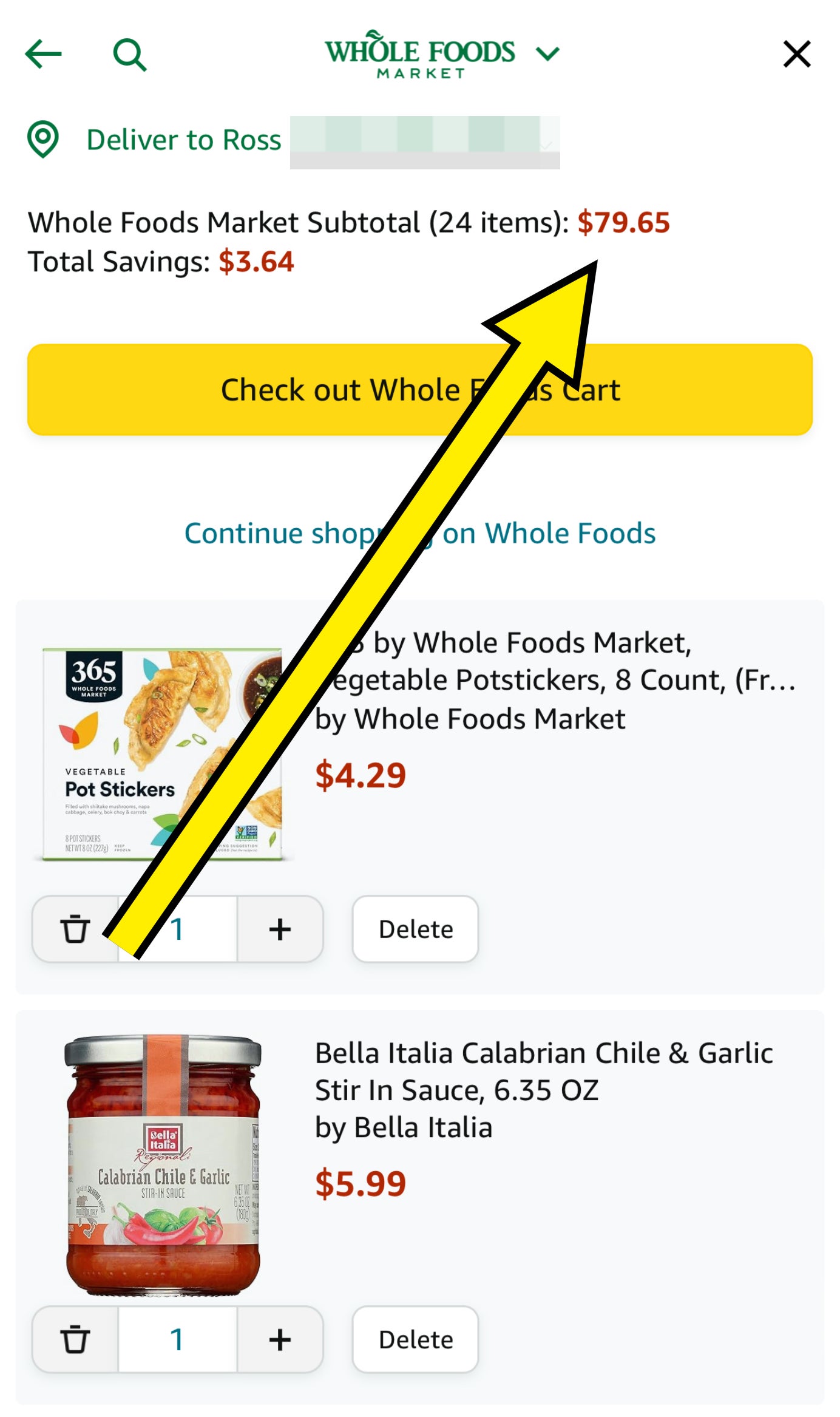 Screenshot of a mobile shopping app highlighting the $79 total with an arrow