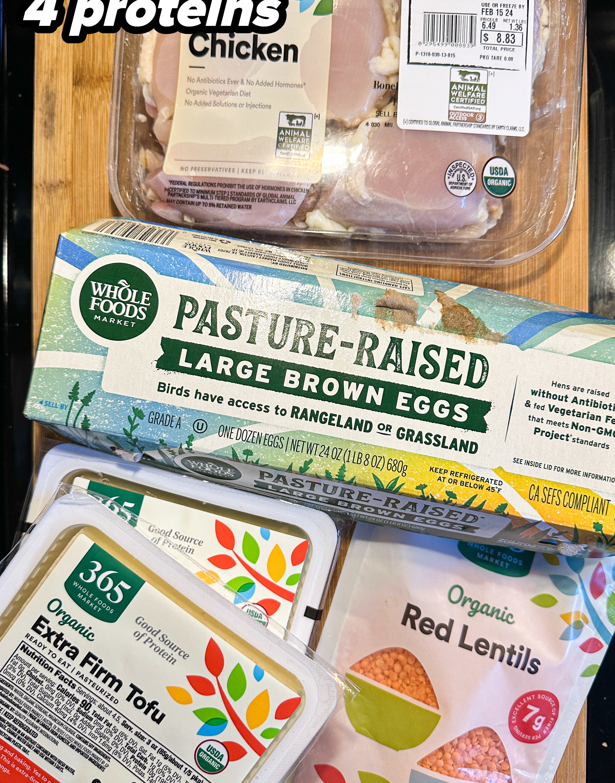 Various grocery items including organic chicken, pasture-raised eggs, extra firm tofu, and red lentils