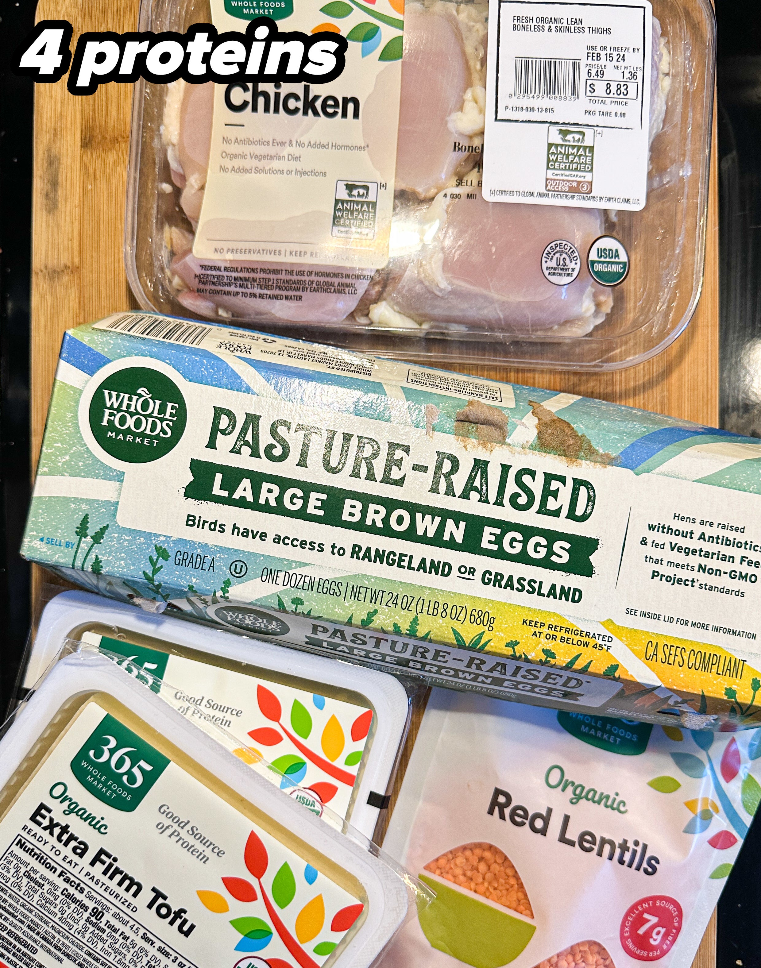 Various grocery items including organic chicken, pasture-raised eggs, extra firm tofu, and red lentils