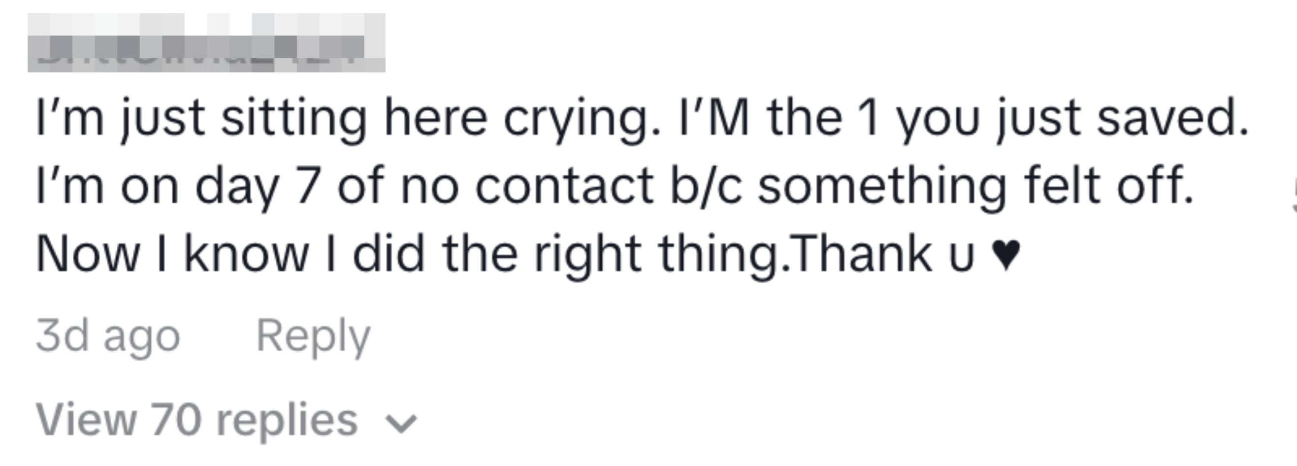 A screenshot of a social media comment thanking someone for help, expressing relief on making a right decision