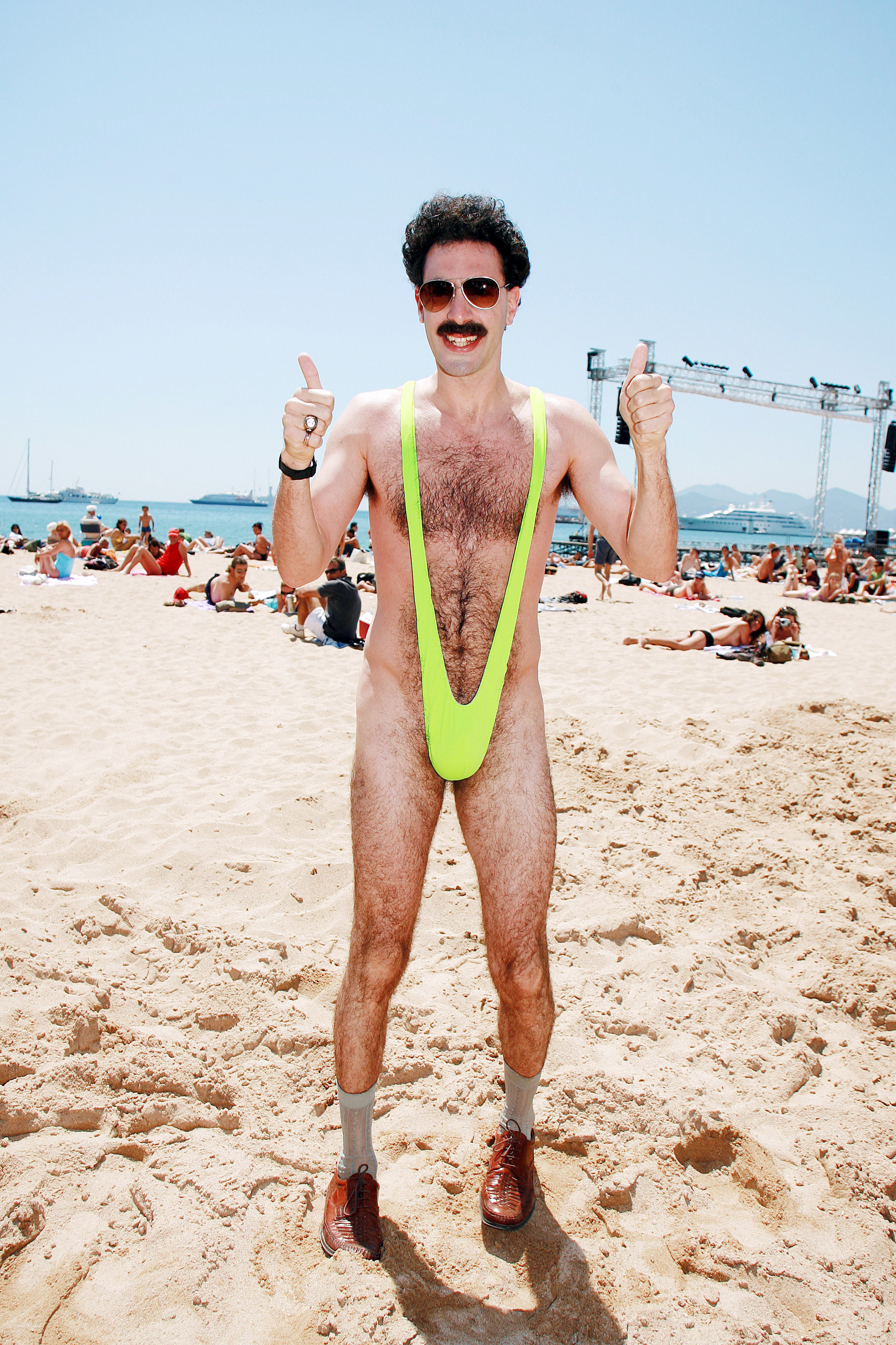 borat in bright revealing bathing suit