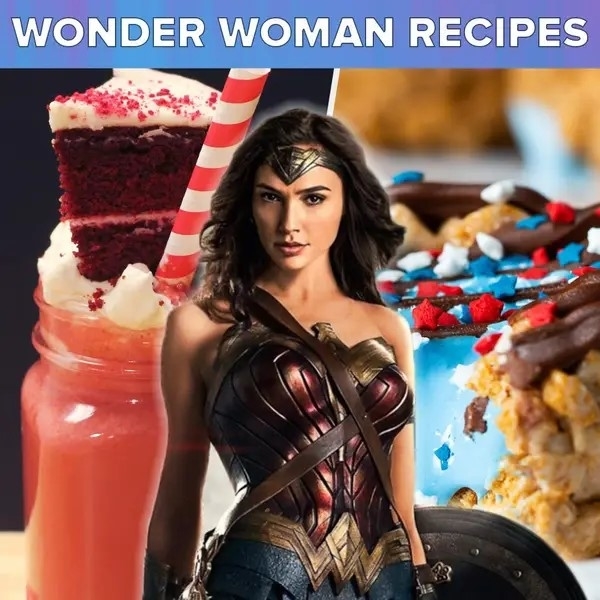 Graphic with Wonder Woman and themed desserts like a layered cake and popcorn mix