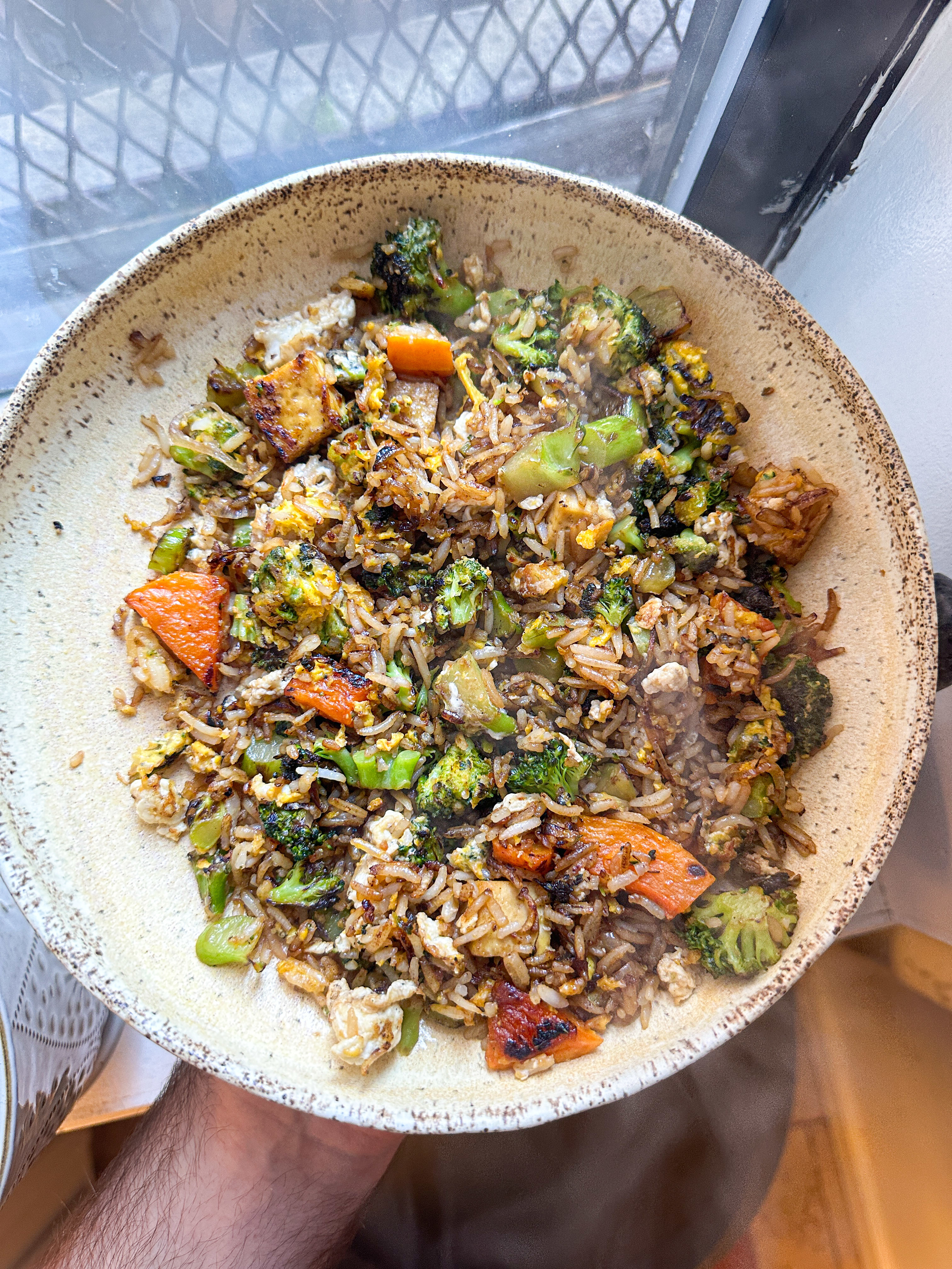 Person holding a bowl of fried rice with assorted vegetables