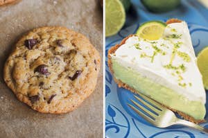 On the left, a chocolate chip cookie, and on the right, a slice of key lime pie