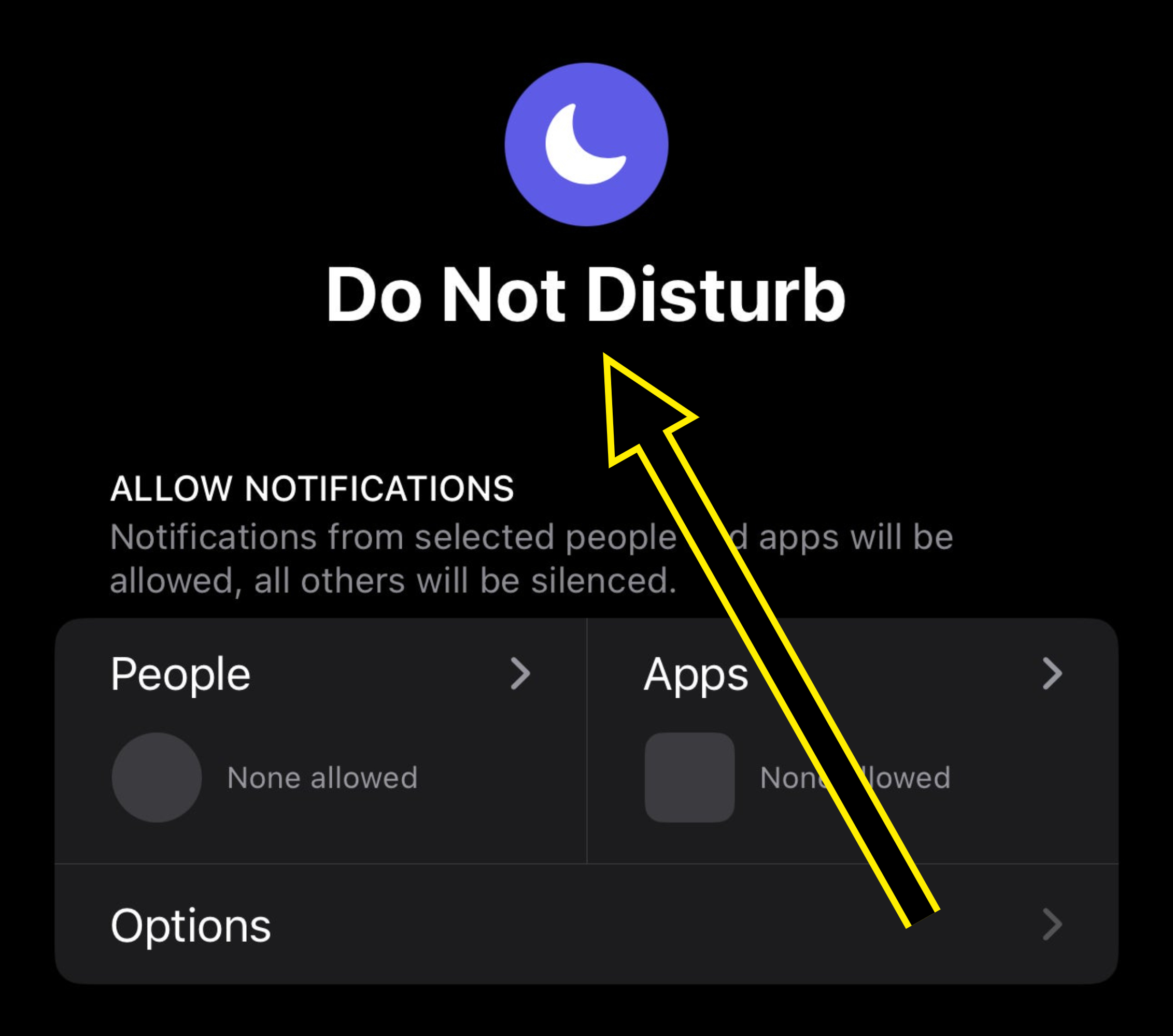 Screenshot of a smartphone Do Not Disturb setting with options to allow notifications from selected people and apps