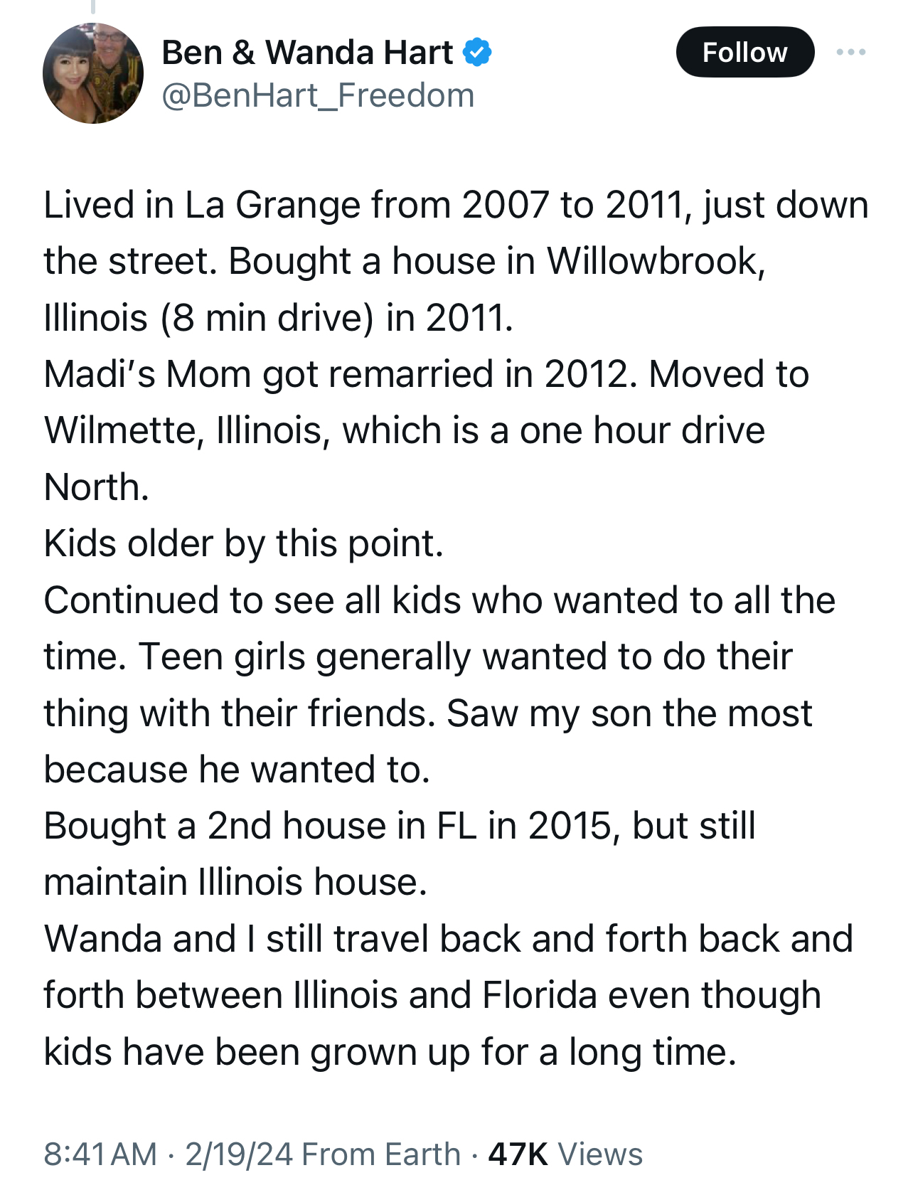 Text summary: Ben Hart&#x27;s life journey from 2007 to 2021, detailing residential moves, kids growing up, and traveling between Illinois and Florida