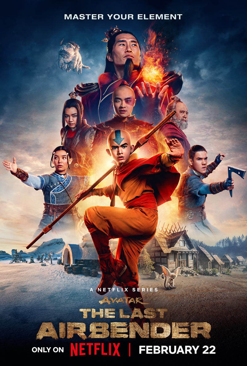 Promotional poster for Netflix&#x27;s &#x27;The Last Airbender&#x27; series with main characters in action stances. Release date February 22 displayed
