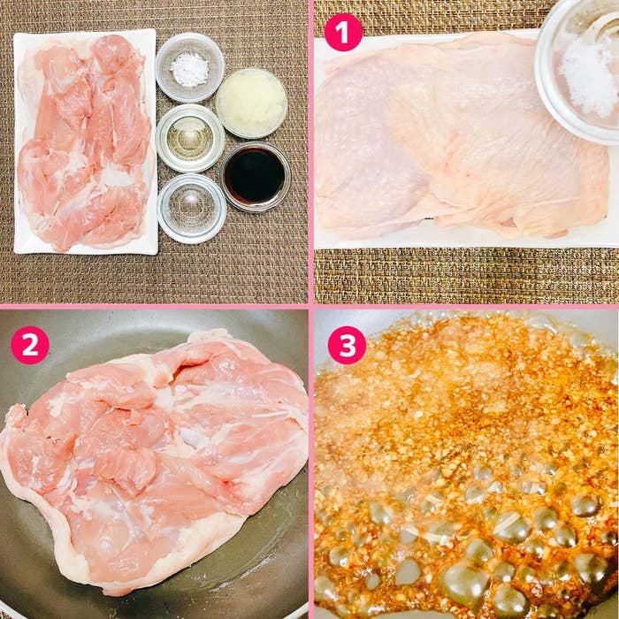 鶏肉と調味料が並び、それをフライパンで調理している過程を示す画像