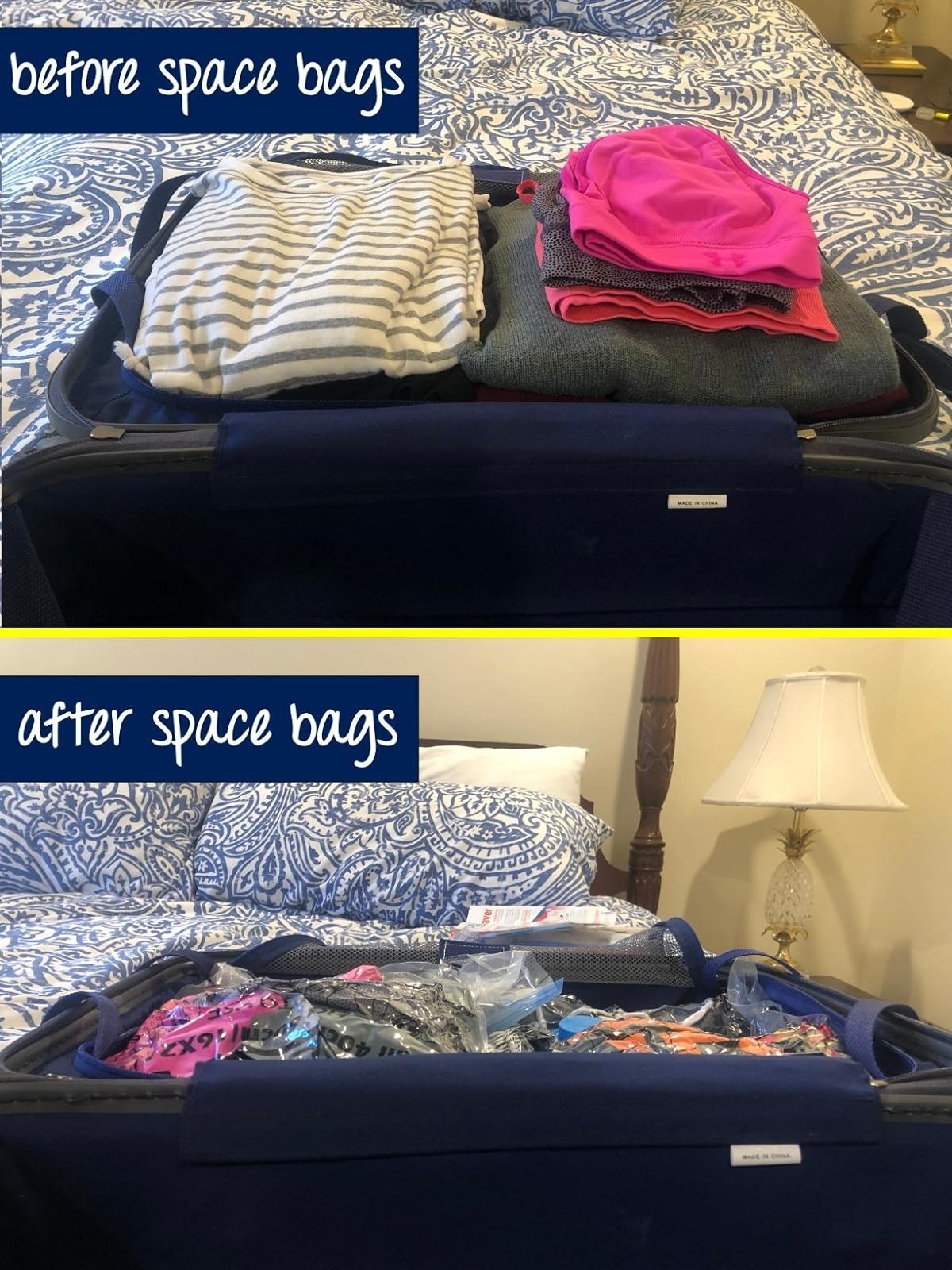 Open suitcase before and after using space-saving bags, showing increased packing capacity