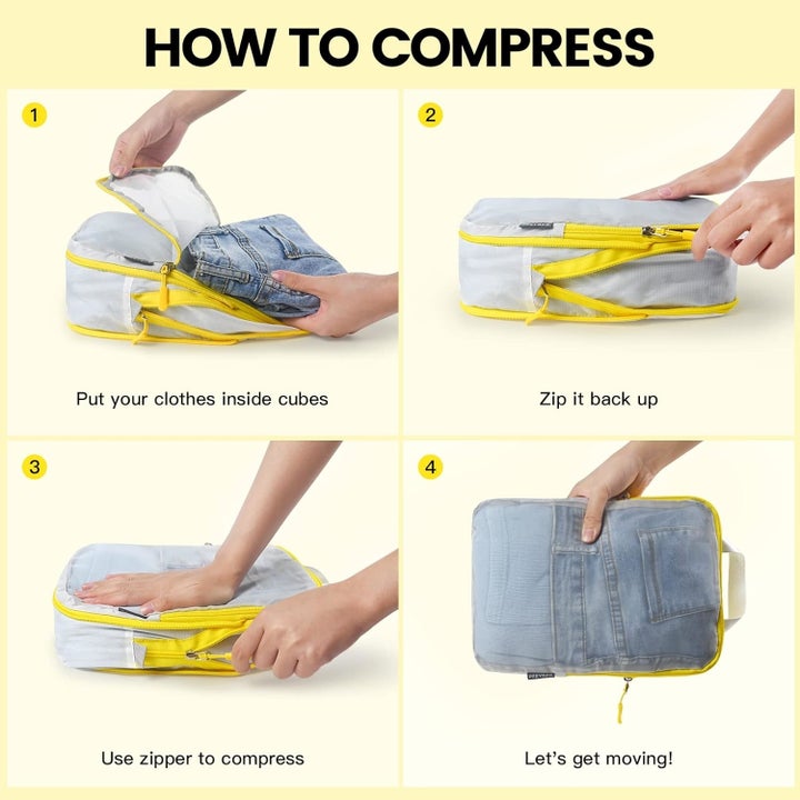 Hands demonstrate compressing clothes in a storage cube for efficient packing