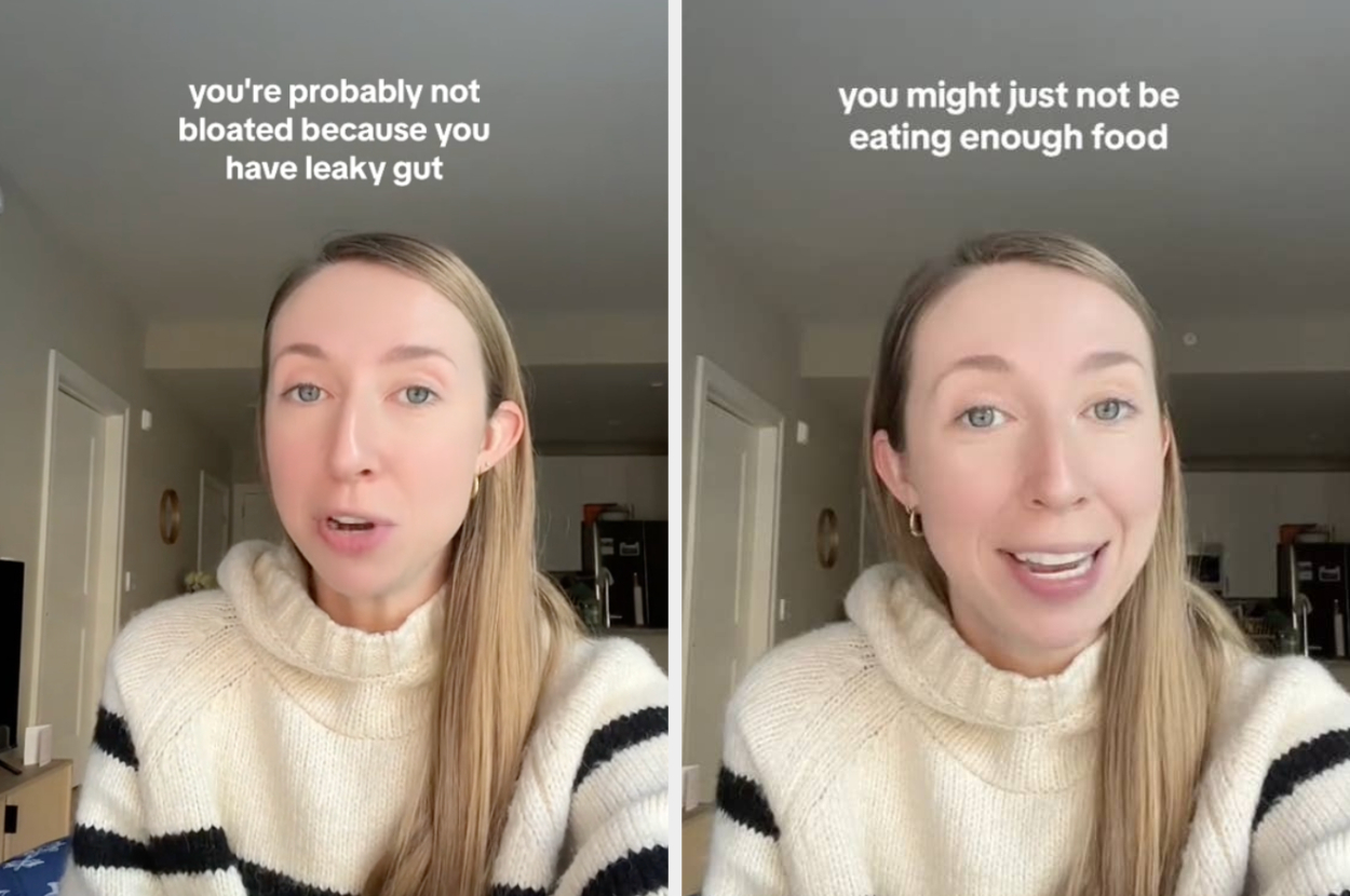 Woman in striped sweater speaking, text overlay varies between two images, discussing gut health and food intake