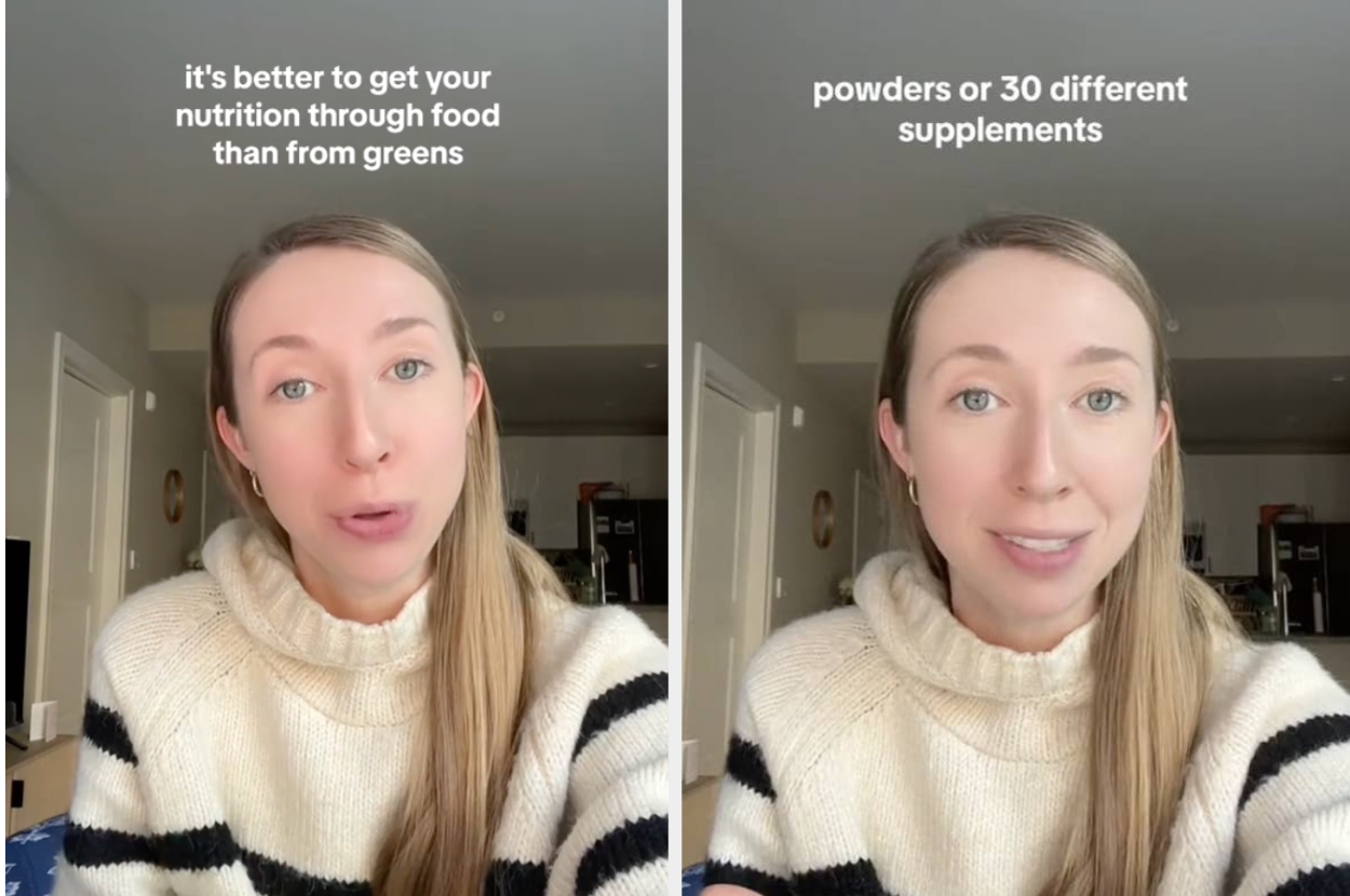 Woman in striped sweater talking, text overlay compares nutrition from greens to supplements
