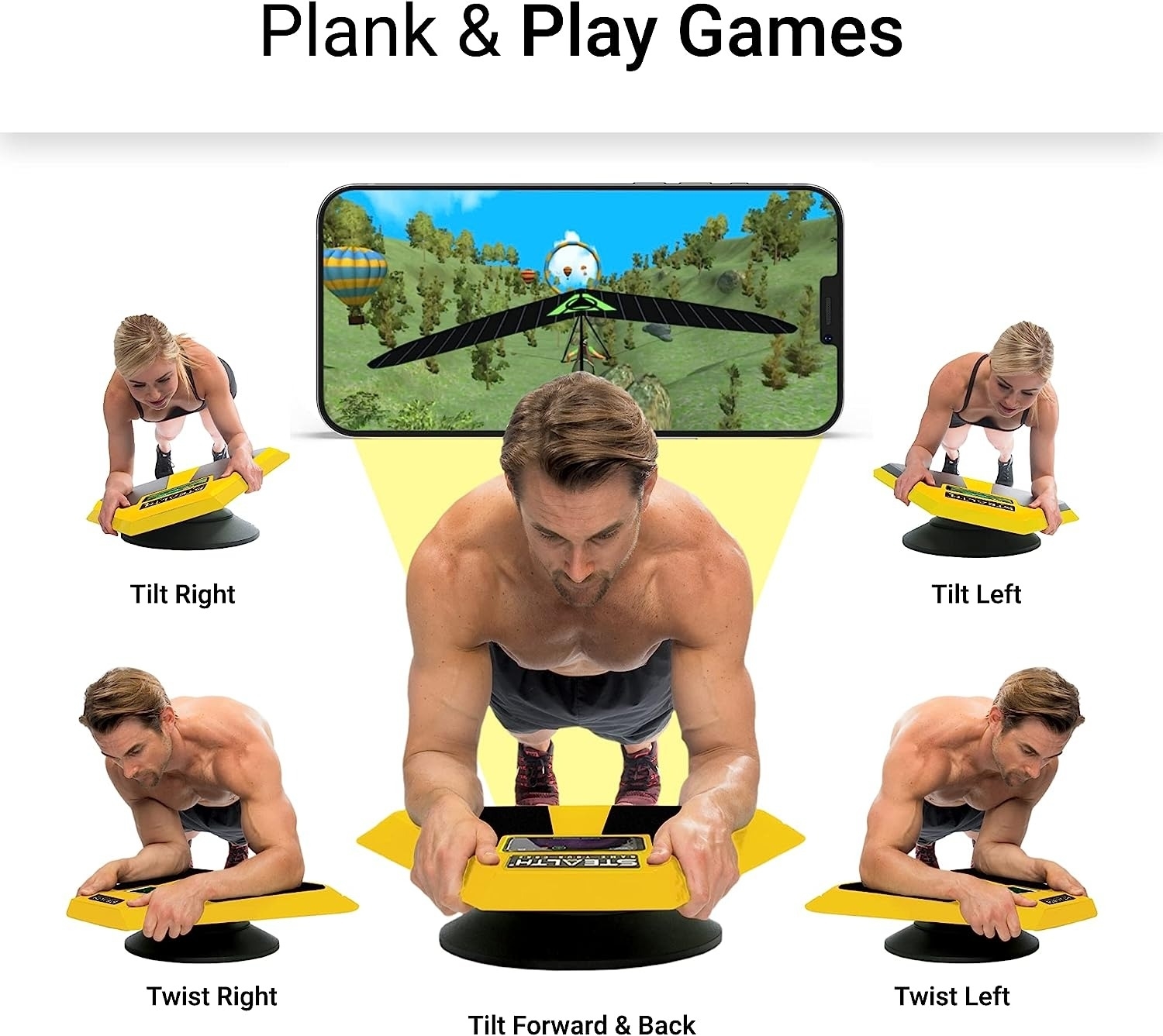 Promotional image for interactive fitness game with various plank exercises demonstrated by a person on a balance board