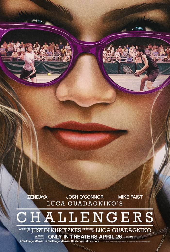 Movie poster of &quot;Challengers&quot; featuring Zendaya with reflections of tennis players in her sunglasses