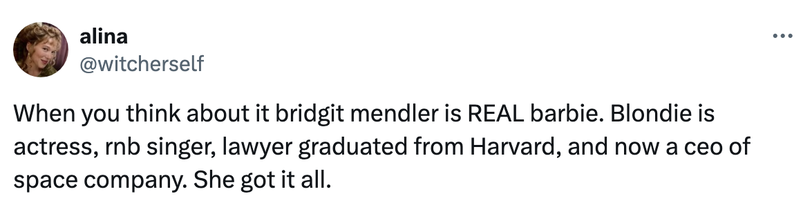 Tweet praising Bridgit Mendler for being an actress, R&amp;amp;B singer, Harvard Law graduate, and CEO of a space company