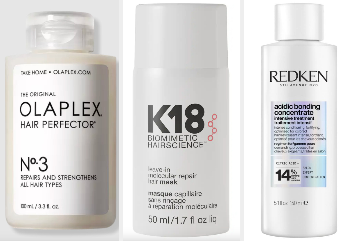 Three hair care products: Olaplex Hair Perfector, K18 Biomimetic Hairscience mask, and the Redken acid bonding concentrate