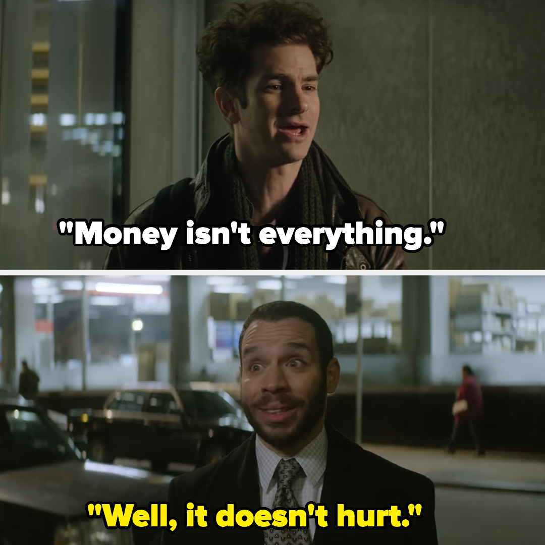 Two men in a scene from a film, one above captioned &quot;Money isn&#x27;t everything,&quot; the other below &quot;Well, it doesn&#x27;t hurt&quot;
