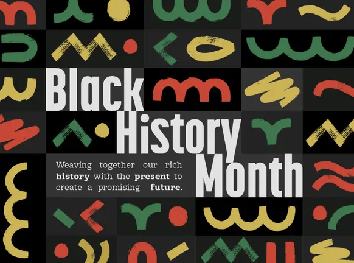 Graphic for Black History Month with abstract shapes and text emphasizing historical and future unity