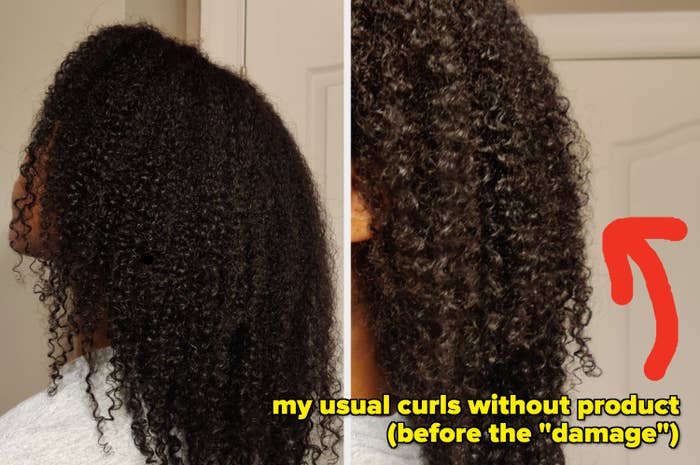 Side-by-side photos of my curly hair with text that reads: &quot;My usual curls without product, before the damage&quot;