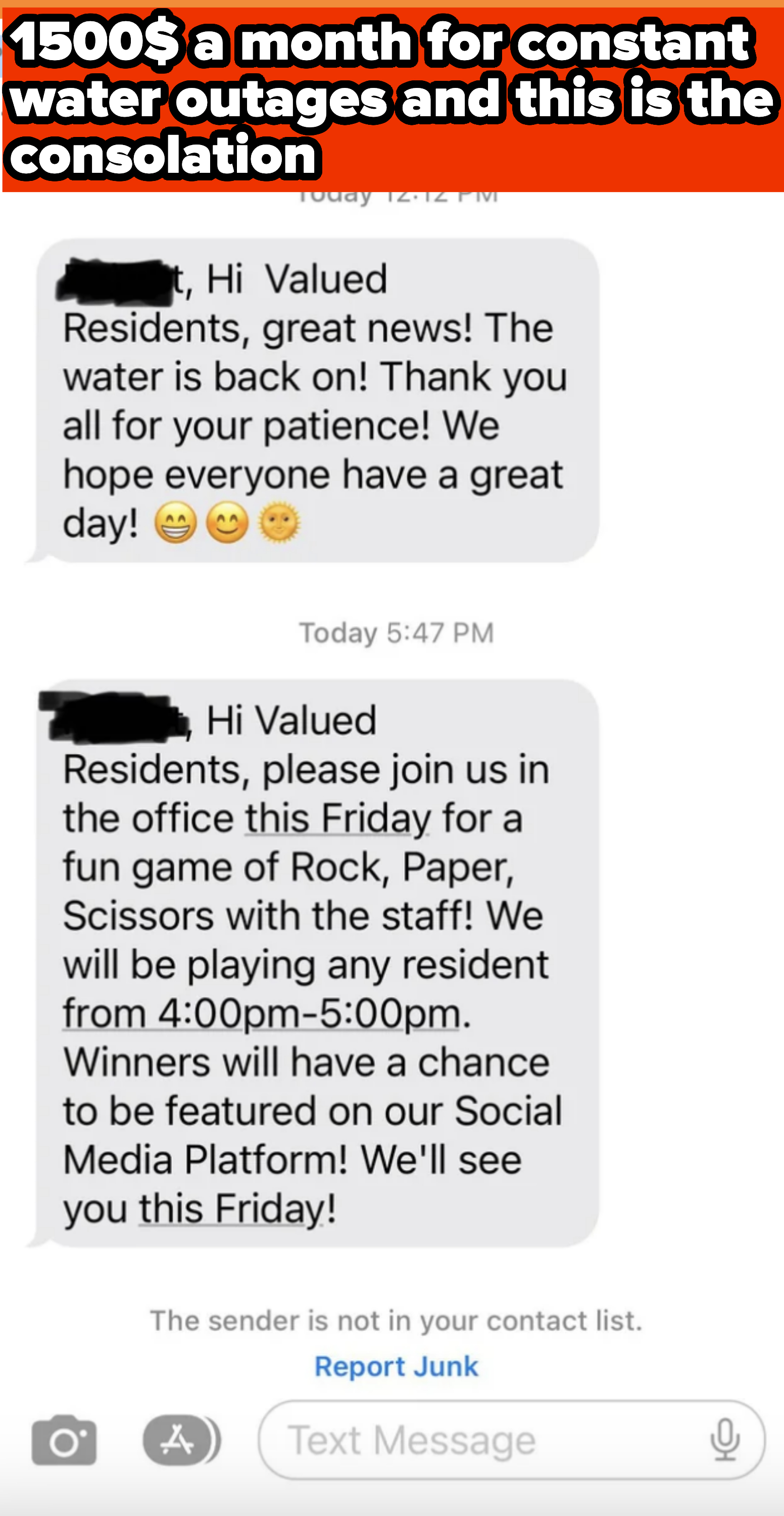 Text messages about water restoration and an upcoming office event with games and social media sharing. Recipient names redacted