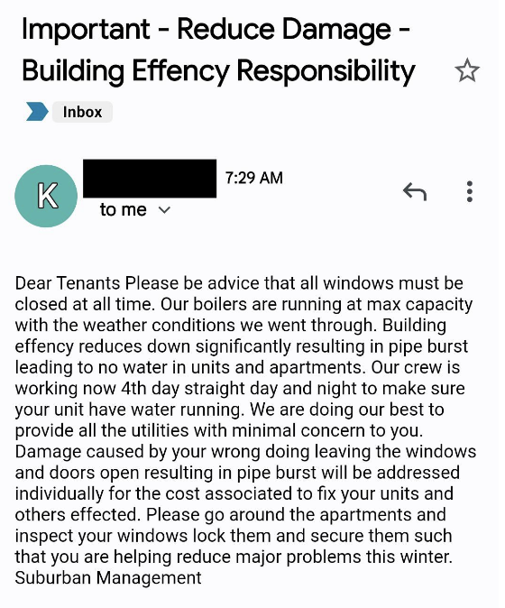 Email about building efficiency responsibility, addressing issues with water and heating, and actions being taken to resolve them