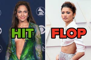 On the left, Jennifer Lopez wearing her iconic plunging dress labeled hit, and on the right, Zendaya wearing a crop top and sparkly skirt labeled flop