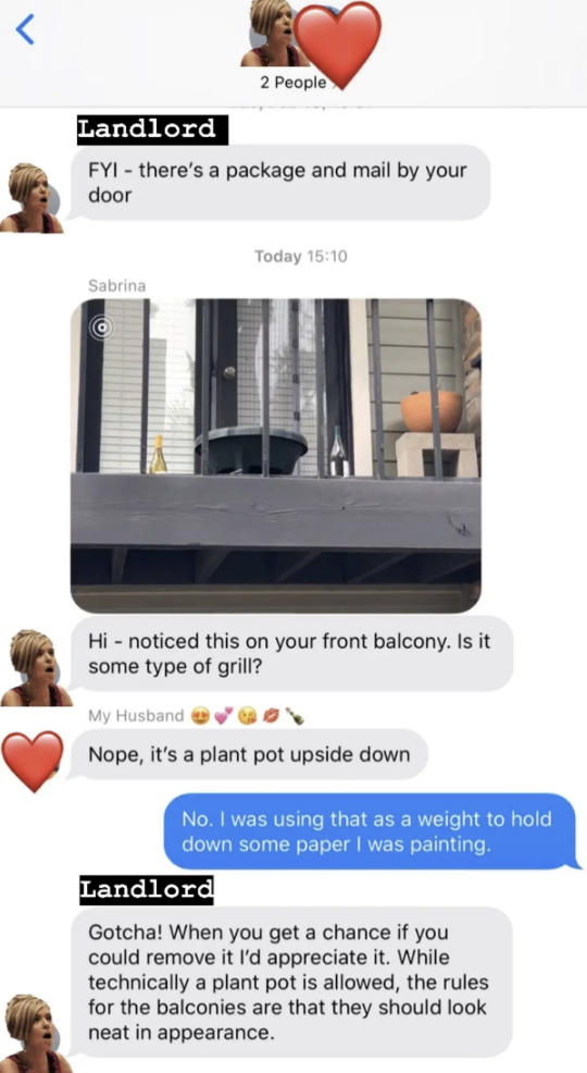 Text message conversation showing a landlord asking for a plant pot to be removed from a balcony for aesthetic reasons