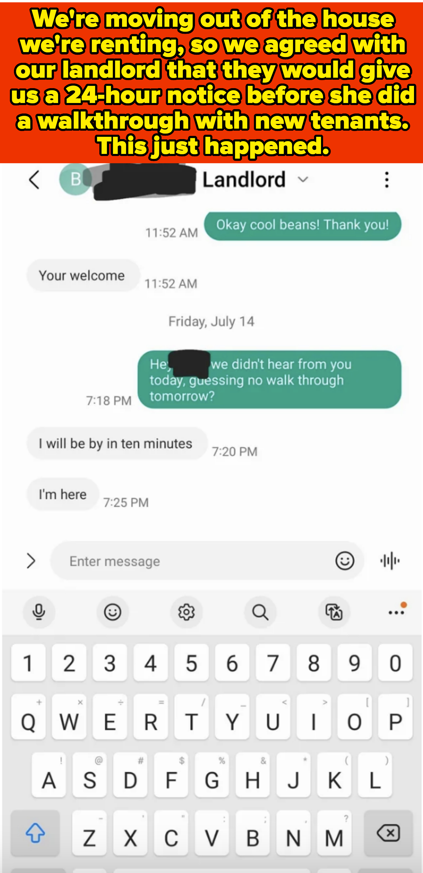 Text message conversation about scheduling a walk-through of a house