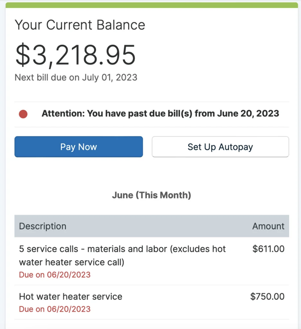 Utility bill screen showing a total due of $3,218.95, with a past due alert for a bill from June 20