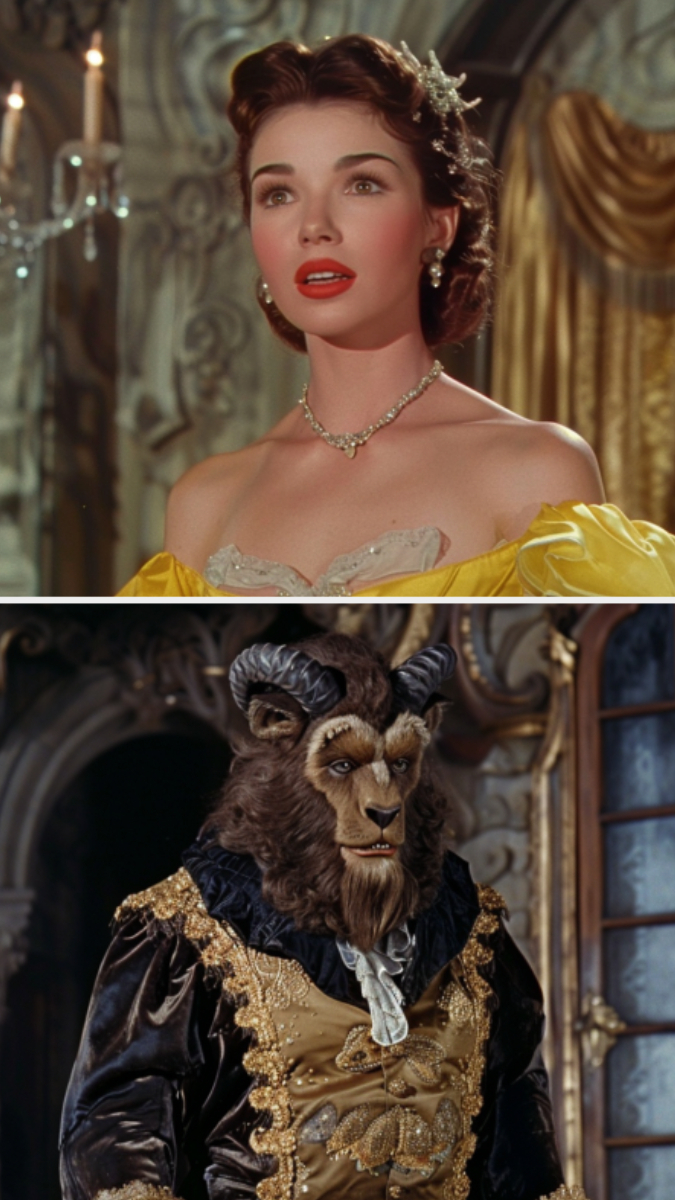 Belle in a yellow gown and the Beast in formal attire