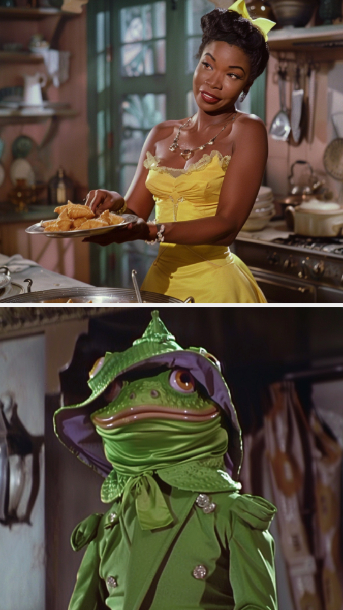 Top: Woman in a yellow dress holding a serving tray. Bottom: Character resembling a frog dressed in green