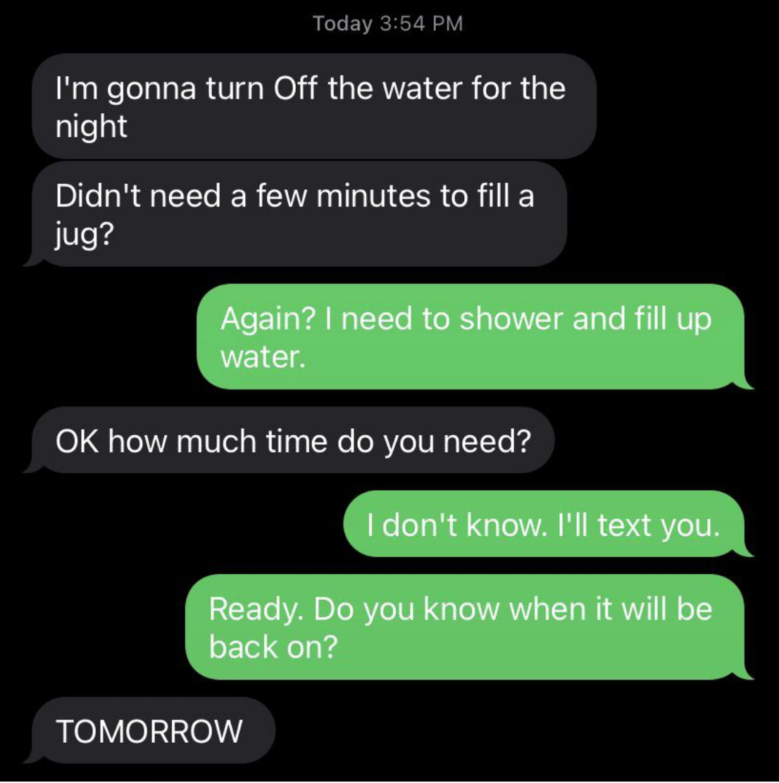 Text message conversation about water being off and coordinating to fill a jug, planning to update later