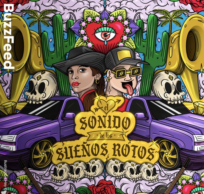 Ilustración estilizada de dos personajes animados con sombreros, uno con un micrófono, sobre un auto, con calaveras y motivos florales al fondo