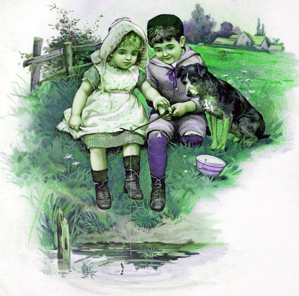Two children and a dog sitting on a bench; a bucket is on the grass beside them