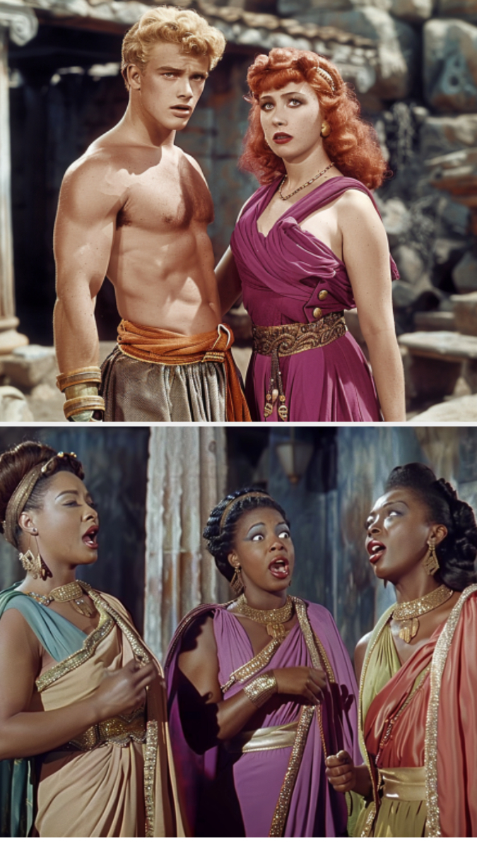 A man and woman in ancient costume, man shirtless with a sash, woman in draped dress. Bottom: Three women sing animatedly, in vibrant tunics