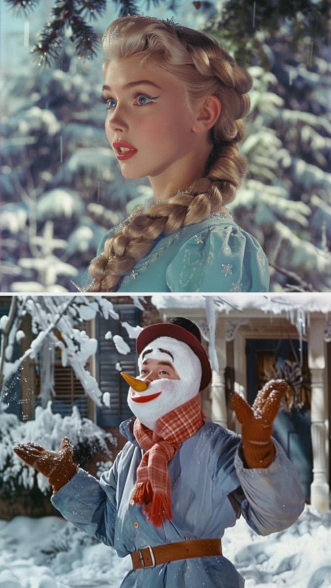 Elsa from Frozen in a winter setting above, and an animated snowman wearing a scarf below