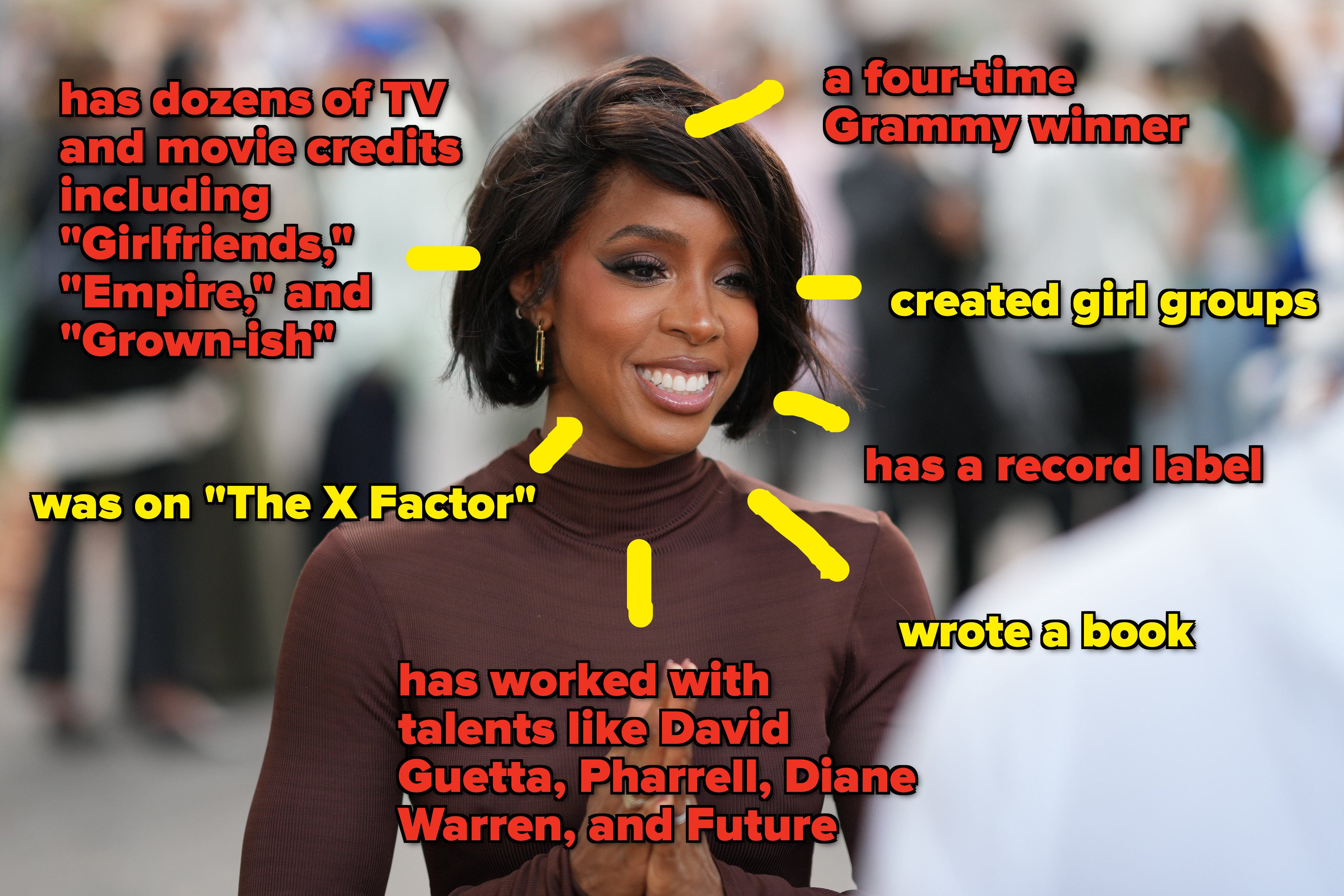 Closeup of Kelly Rowland and her accolades