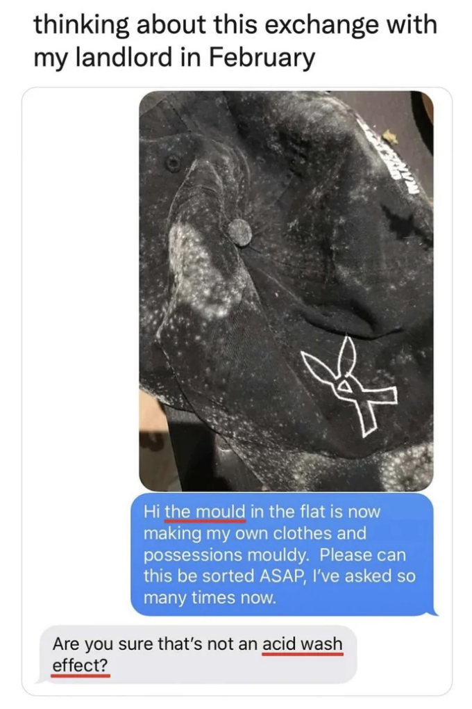 Text message exchange about mold issue, superimposed on a black damaged item with a white logo