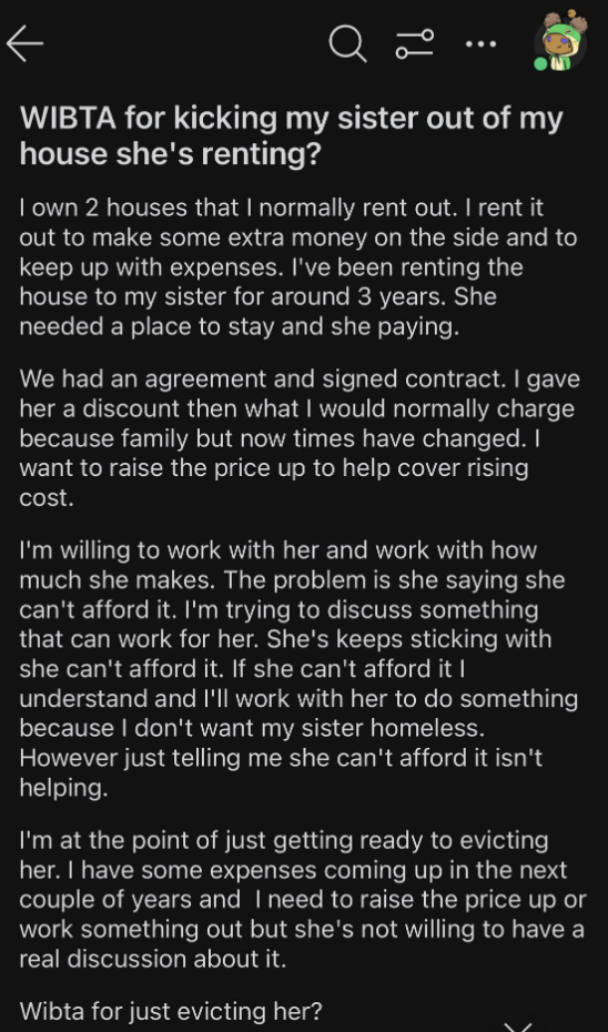 Text from an online forum discussing a moral dilemma about raising rent for the user&#x27;s sister due to increased expenses